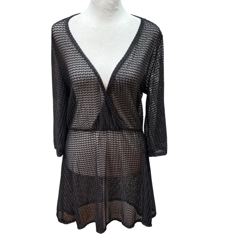 Jordan Taylor Black Crochet Knit Swim Cover Up Dress‎ V-Neck  Large #K98